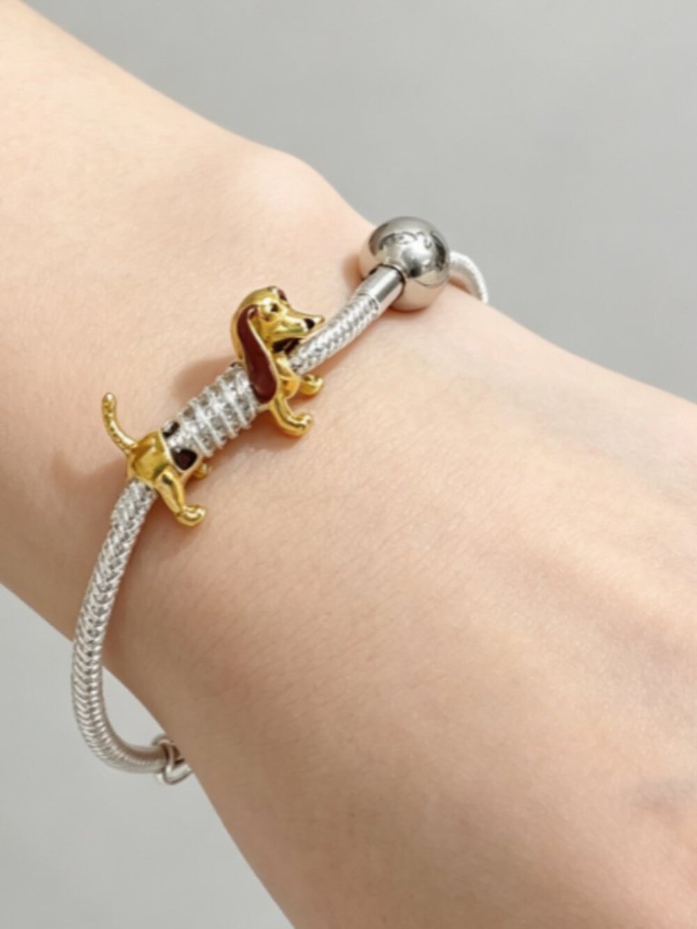 Pandora Two‑Tone Dog Charm Silver & Gold Puppy Bead for Bracelet